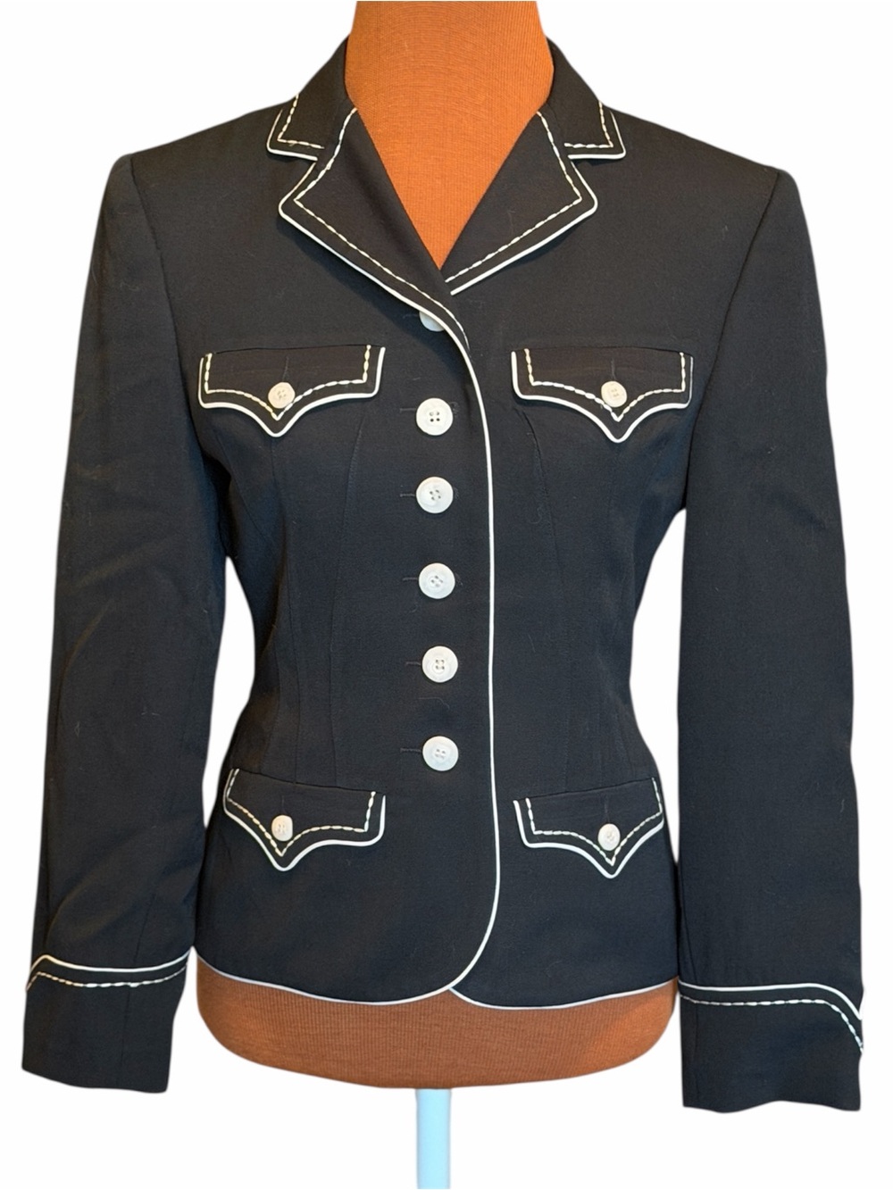 HAIRSTON ROBERSON Vintage Classic Black Tailored Jacket with White Piping Size 2